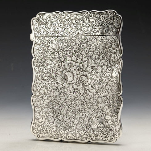1884 British Antique Pure Silver (925 Silver) Floral Engraving Card Case 68g George Unite